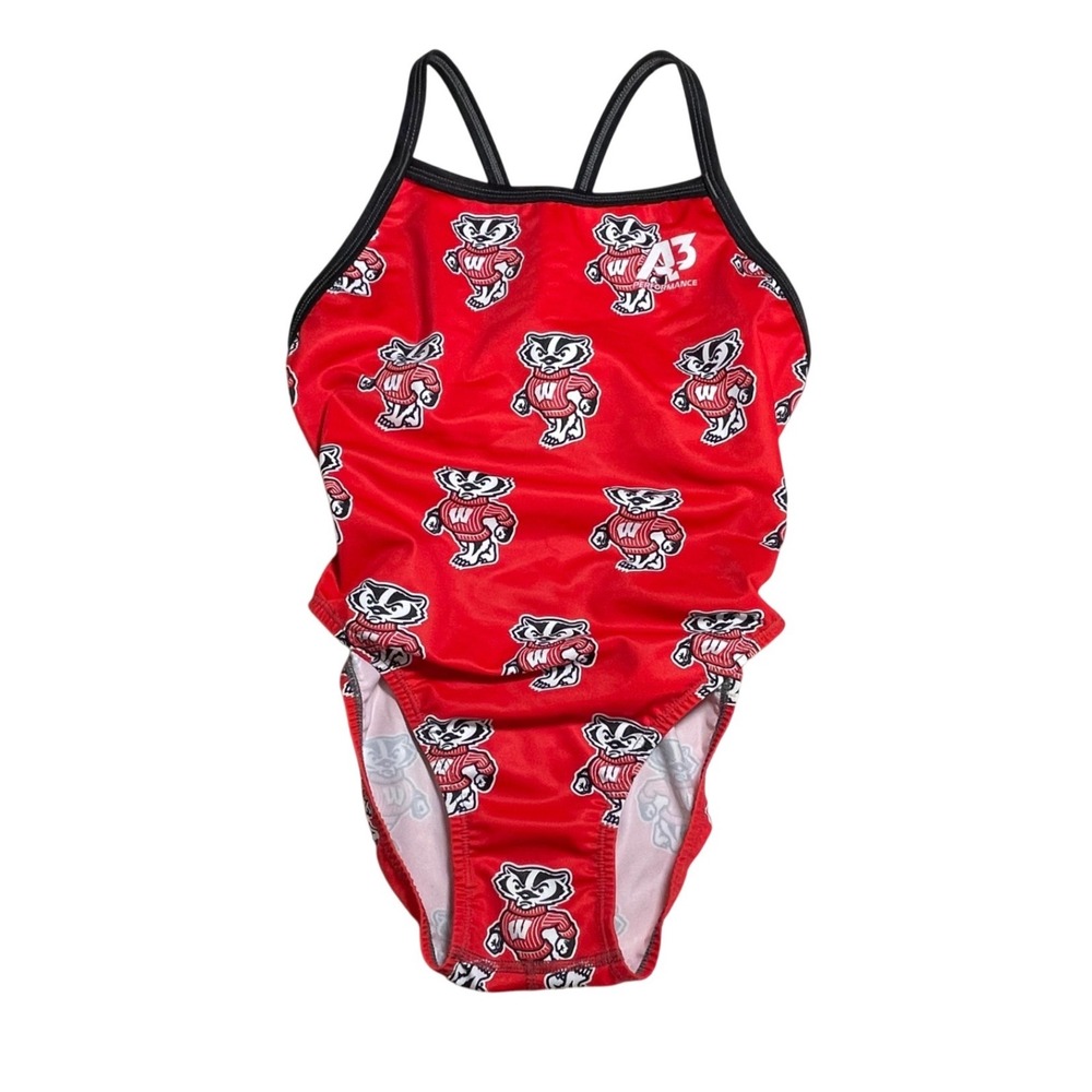 A3 Performance Wisconsin Badgers One Piece Swimsuit Red Bucky Badger Size 28